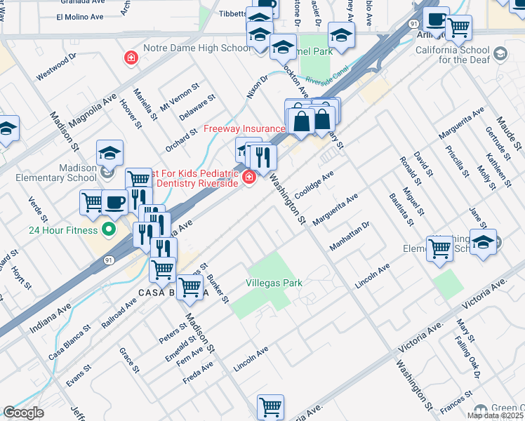 map of restaurants, bars, coffee shops, grocery stores, and more near 7167 Evans Street in Riverside