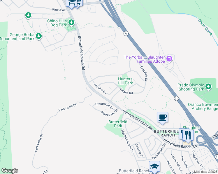 map of restaurants, bars, coffee shops, grocery stores, and more near 5685 West Park Drive in Chino Hills