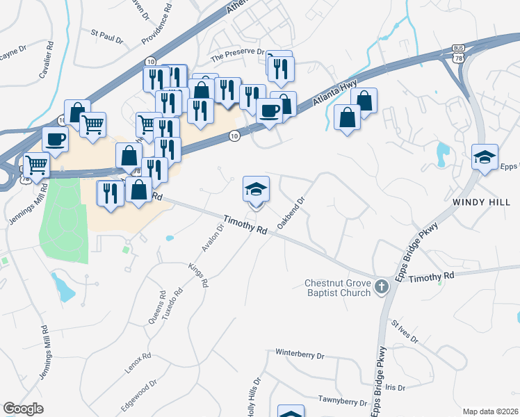 map of restaurants, bars, coffee shops, grocery stores, and more near 1900 Timothy Road in Athens