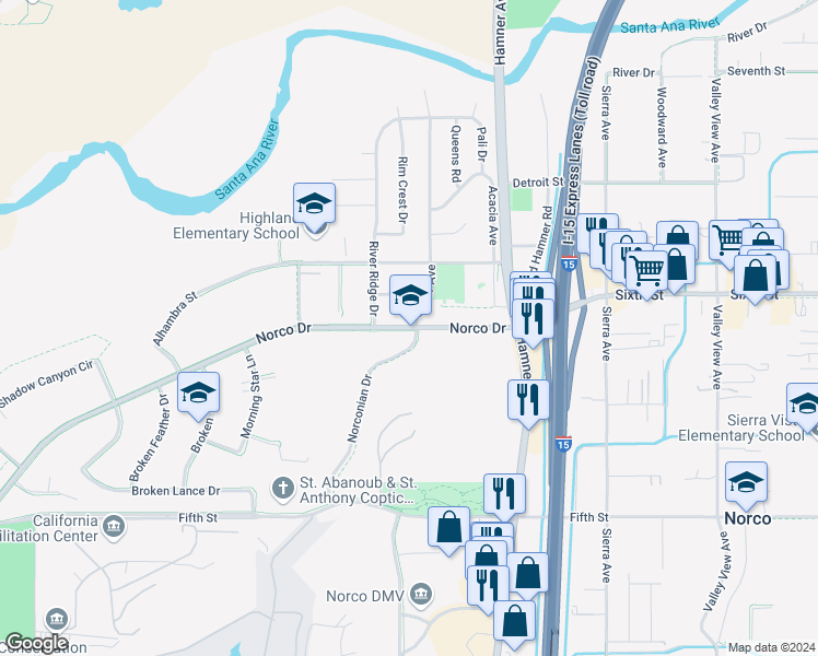 map of restaurants, bars, coffee shops, grocery stores, and more near 3215 Hamner Avenue in Norco