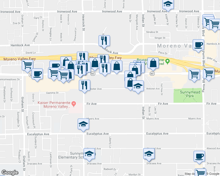 map of restaurants, bars, coffee shops, grocery stores, and more near 24224 Webster Avenue in Moreno Valley