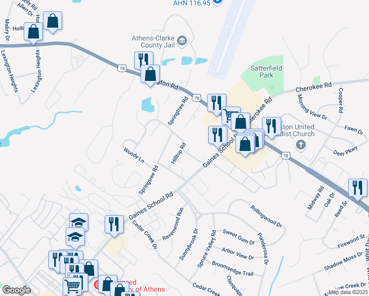 map of restaurants, bars, coffee shops, grocery stores, and more near 202 Briarcliff Lane in Athens