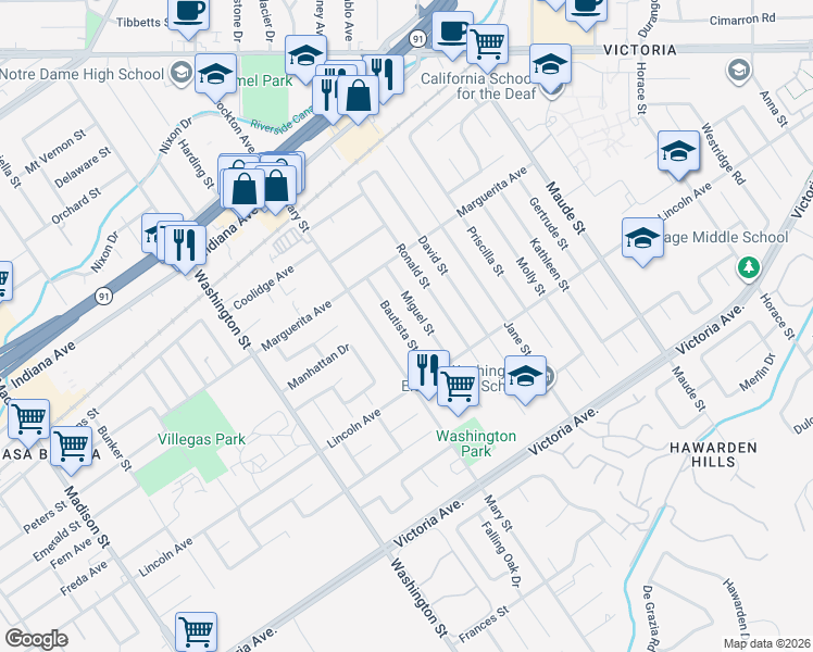 map of restaurants, bars, coffee shops, grocery stores, and more near 3005 Bautista Street in Riverside
