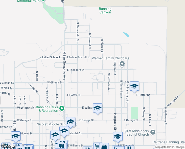 map of restaurants, bars, coffee shops, grocery stores, and more near 1339 Vista Serena Avenue in Banning