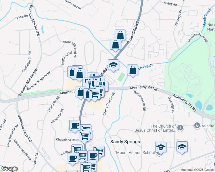 map of restaurants, bars, coffee shops, grocery stores, and more near 347 Alderwood Lane in Sandy Springs