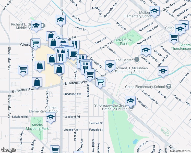 map of restaurants, bars, coffee shops, grocery stores, and more near 13555 Telegraph Road in Whittier