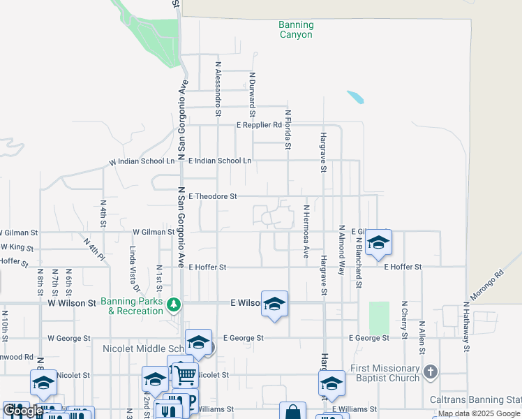 map of restaurants, bars, coffee shops, grocery stores, and more near 1339 Vista Serena Avenue in Banning