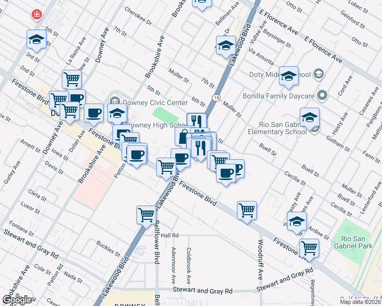 map of restaurants, bars, coffee shops, grocery stores, and more near 217 Stonewood Street in Downey