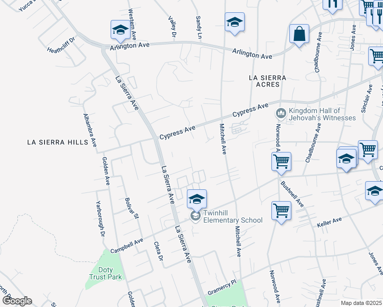 map of restaurants, bars, coffee shops, grocery stores, and more near 5821 Tahoma Place in Riverside