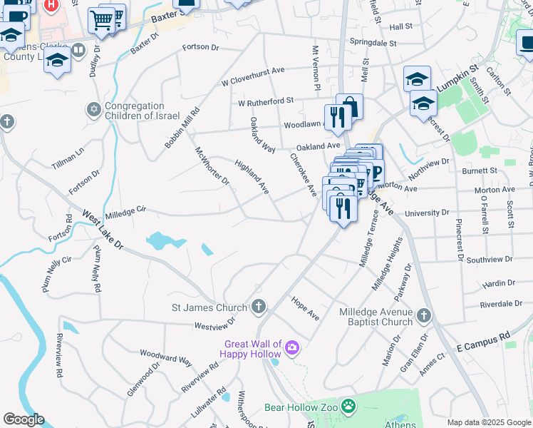 map of restaurants, bars, coffee shops, grocery stores, and more near 430 Milledge Circle in Athens