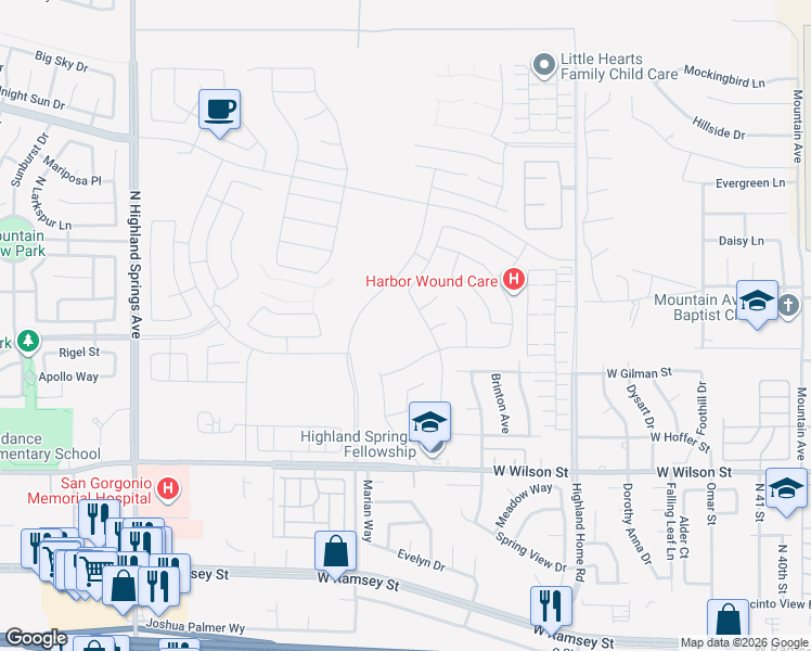 map of restaurants, bars, coffee shops, grocery stores, and more near in Banning