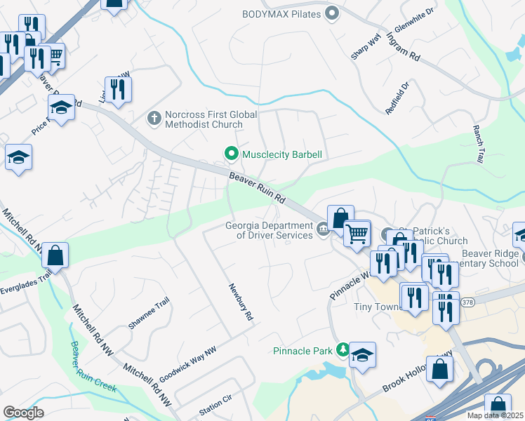map of restaurants, bars, coffee shops, grocery stores, and more near 105 Amber Drive in Norcross