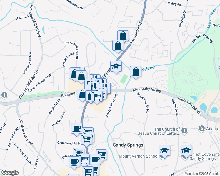 map of restaurants, bars, coffee shops, grocery stores, and more near 345 Alderwood Lane in Sandy Springs