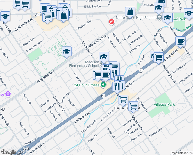 map of restaurants, bars, coffee shops, grocery stores, and more near 3570 Madison Street in Riverside