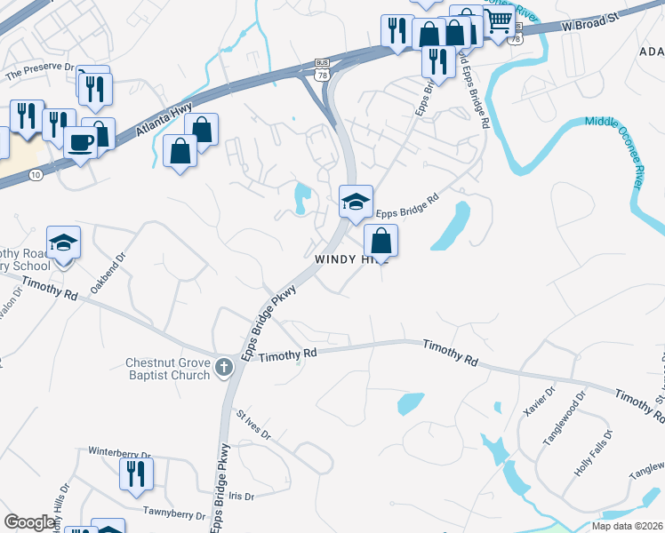 map of restaurants, bars, coffee shops, grocery stores, and more near 365 Epps Bridge Parkway in Athens