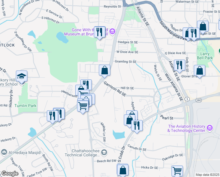 map of restaurants, bars, coffee shops, grocery stores, and more near 18 Garrison Road Southeast in Marietta