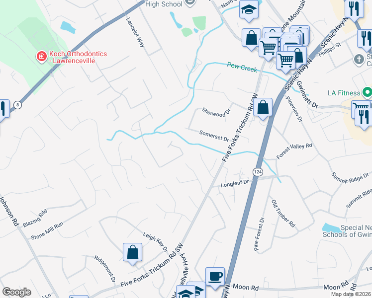 map of restaurants, bars, coffee shops, grocery stores, and more near 401 Sarah Lane in Lawrenceville