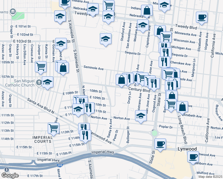 map of restaurants, bars, coffee shops, grocery stores, and more near 2772 Martin Luther King Junior Boulevard in Lynwood