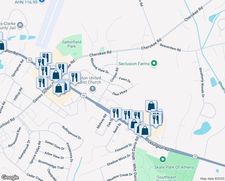 map of restaurants, bars, coffee shops, grocery stores, and more near 135 Deer Parkway in Athens