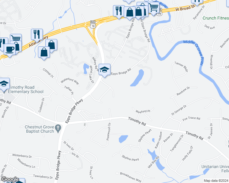 map of restaurants, bars, coffee shops, grocery stores, and more near 165 Windy Hill Court in Athens