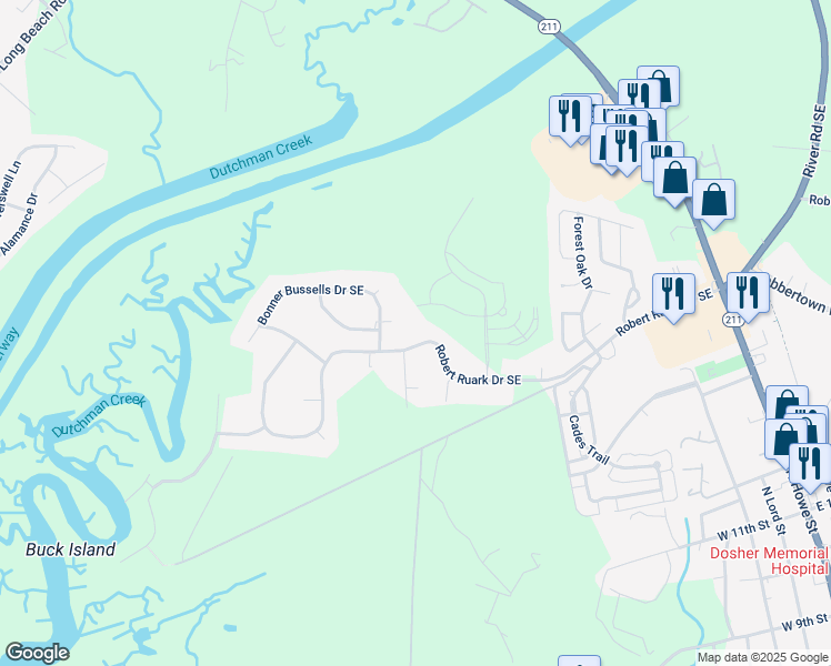 map of restaurants, bars, coffee shops, grocery stores, and more near 3010 Robert Ruark Drive Southeast in Southport