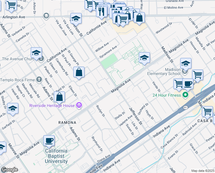 map of restaurants, bars, coffee shops, grocery stores, and more near 7955 Magnolia Avenue in Riverside