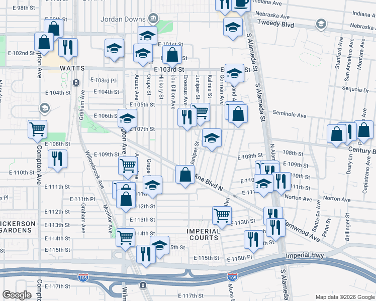 map of restaurants, bars, coffee shops, grocery stores, and more near 10745 Juniper Street in Los Angeles