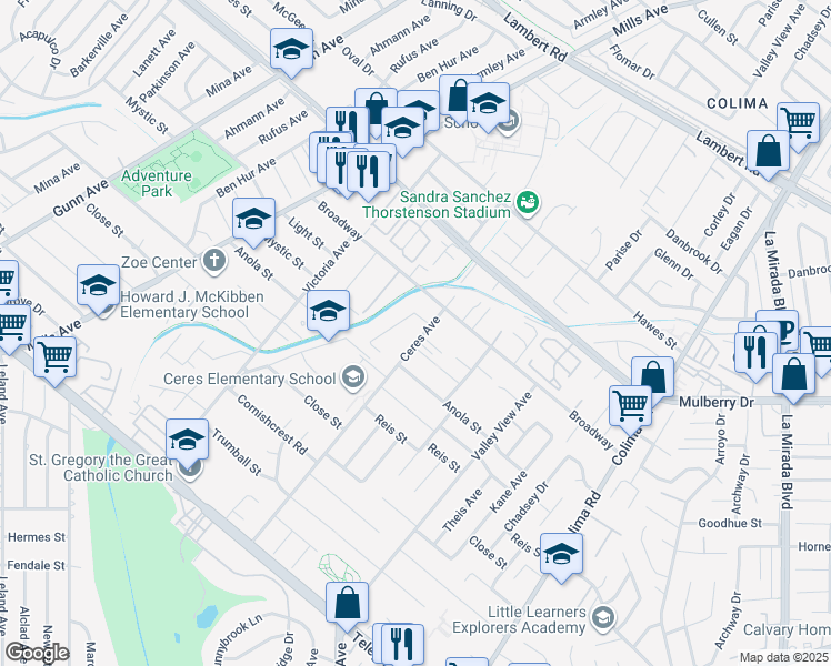 map of restaurants, bars, coffee shops, grocery stores, and more near 10441 Ceres Avenue in Whittier