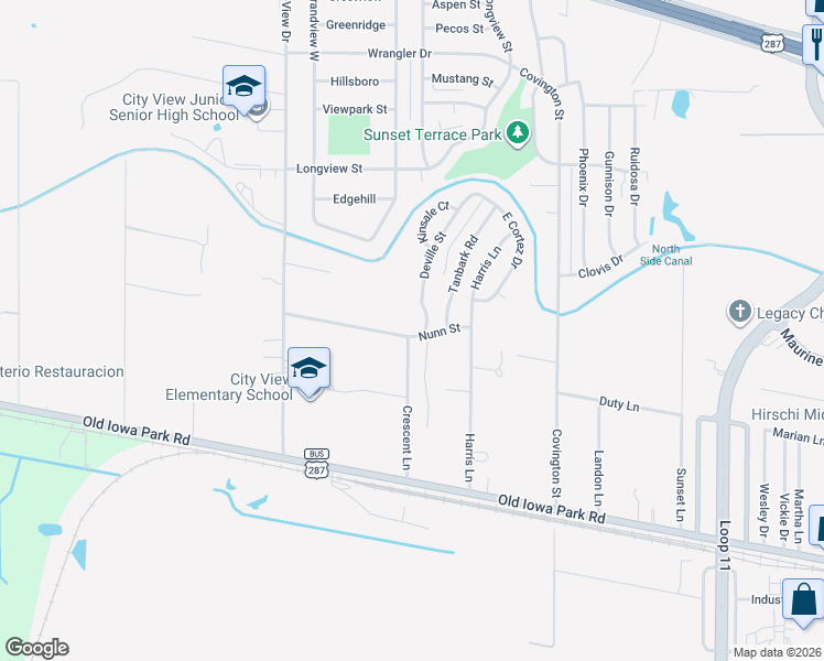 map of restaurants, bars, coffee shops, grocery stores, and more near 4202 Nunn Street in Wichita Falls
