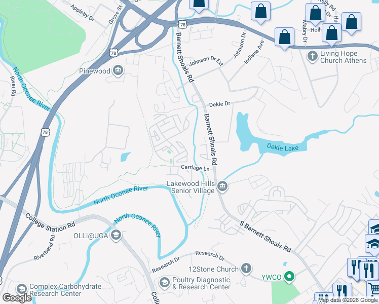 map of restaurants, bars, coffee shops, grocery stores, and more near 490 South Barnett Shoals Road in Athens