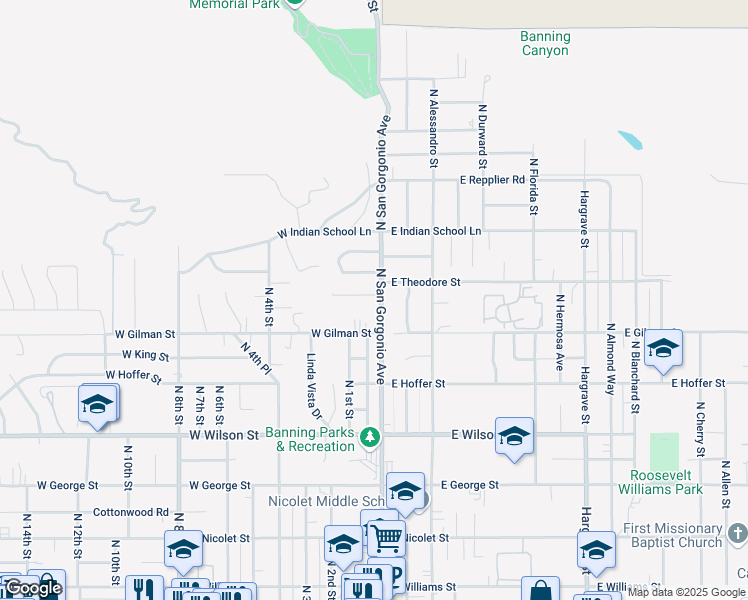 map of restaurants, bars, coffee shops, grocery stores, and more near 1341 North San Gorgonio Avenue in Banning