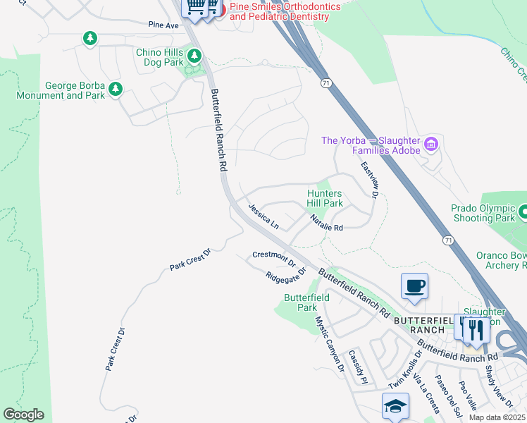 map of restaurants, bars, coffee shops, grocery stores, and more near 5941 Natalie Road in Chino Hills