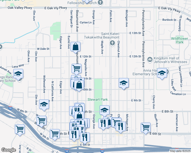 map of restaurants, bars, coffee shops, grocery stores, and more near 610 East 11th Street in Beaumont
