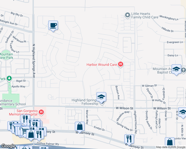 map of restaurants, bars, coffee shops, grocery stores, and more near in Banning