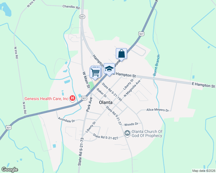 map of restaurants, bars, coffee shops, grocery stores, and more near 136 State Road S-21-190 in Olanta