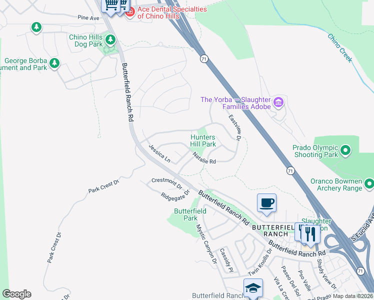map of restaurants, bars, coffee shops, grocery stores, and more near 6029 Natalie Road in Chino Hills