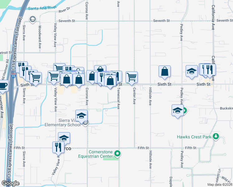 map of restaurants, bars, coffee shops, grocery stores, and more near 3828 Temescal Avenue in Norco