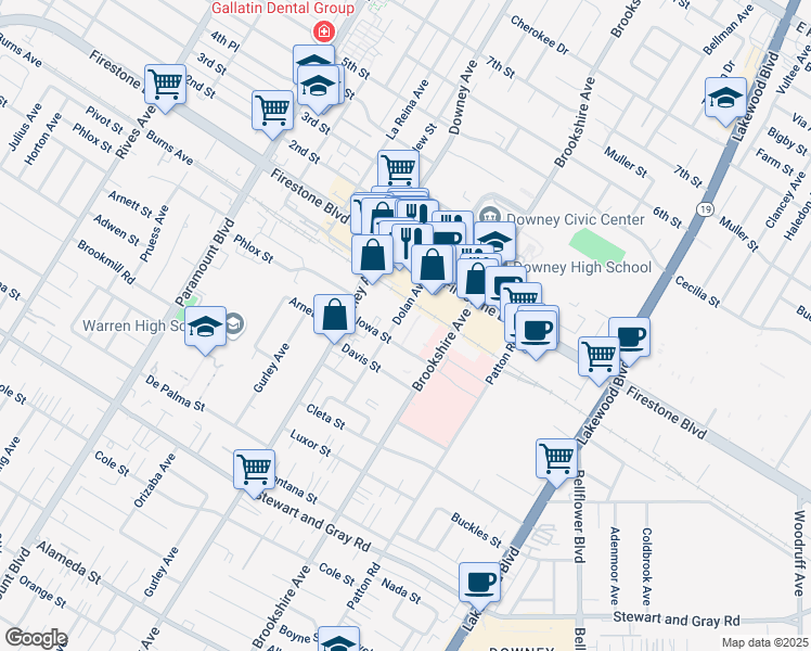 map of restaurants, bars, coffee shops, grocery stores, and more near 11410 Dolan Avenue in Downey