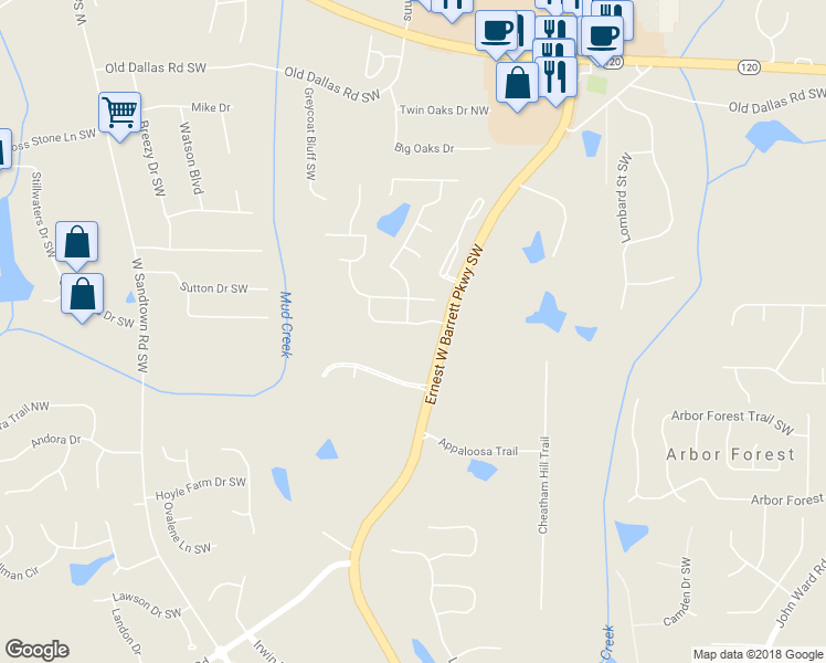 map of restaurants, bars, coffee shops, grocery stores, and more near 2559 Alexander Farms Drive Southwest in Marietta