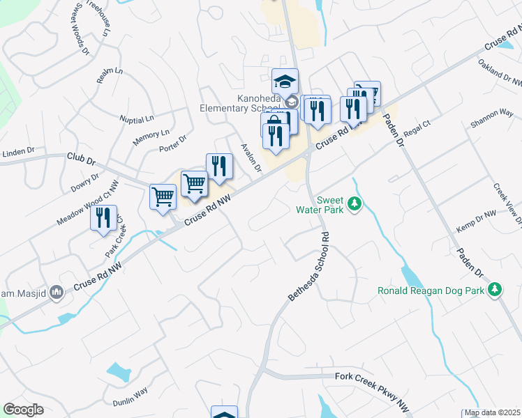 map of restaurants, bars, coffee shops, grocery stores, and more near 2843 Normandy Ridge Northwest in Lawrenceville