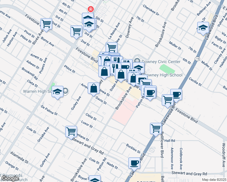 map of restaurants, bars, coffee shops, grocery stores, and more near 11410 Dolan Avenue in Downey