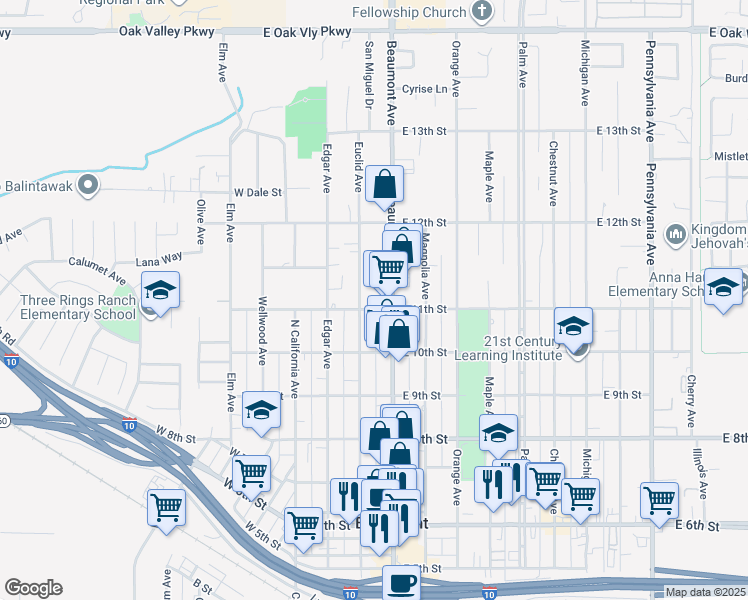 map of restaurants, bars, coffee shops, grocery stores, and more near 1115 Beaumont Avenue in Beaumont
