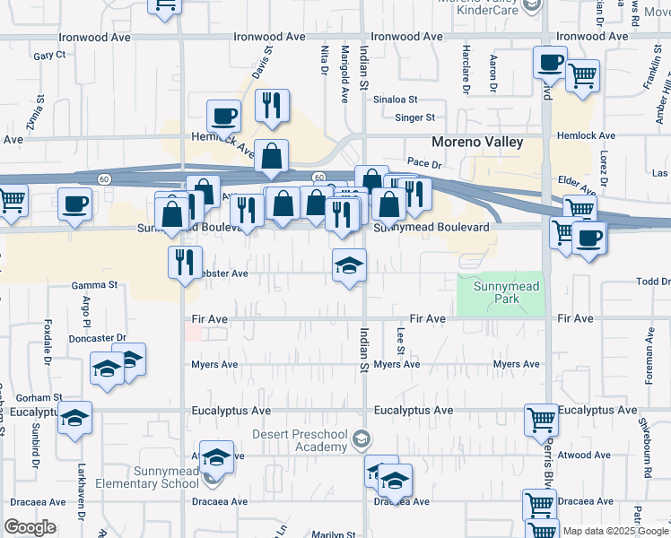 map of restaurants, bars, coffee shops, grocery stores, and more near 24422 Webster Avenue in Moreno Valley
