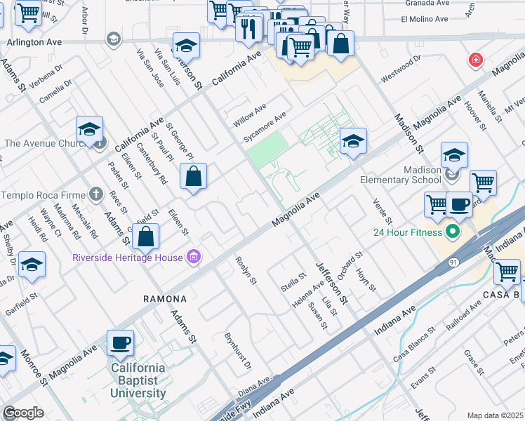 map of restaurants, bars, coffee shops, grocery stores, and more near 7955 Magnolia Avenue in Riverside