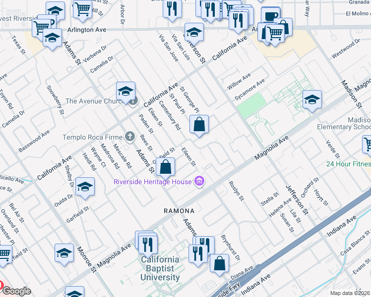 map of restaurants, bars, coffee shops, grocery stores, and more near 3962 Canterbury Road in Riverside