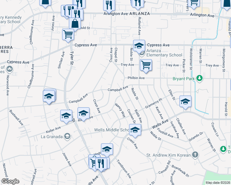 map of restaurants, bars, coffee shops, grocery stores, and more near 10042 Campbell Avenue in Riverside