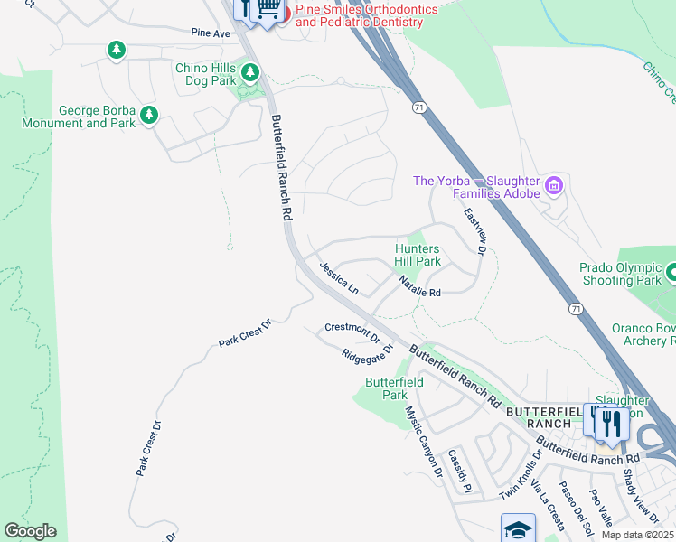 map of restaurants, bars, coffee shops, grocery stores, and more near 5941 Natalie Road in Chino Hills