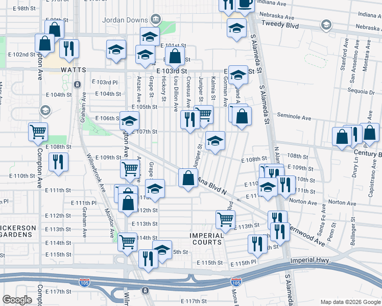 map of restaurants, bars, coffee shops, grocery stores, and more near 10745 Juniper Street in Los Angeles