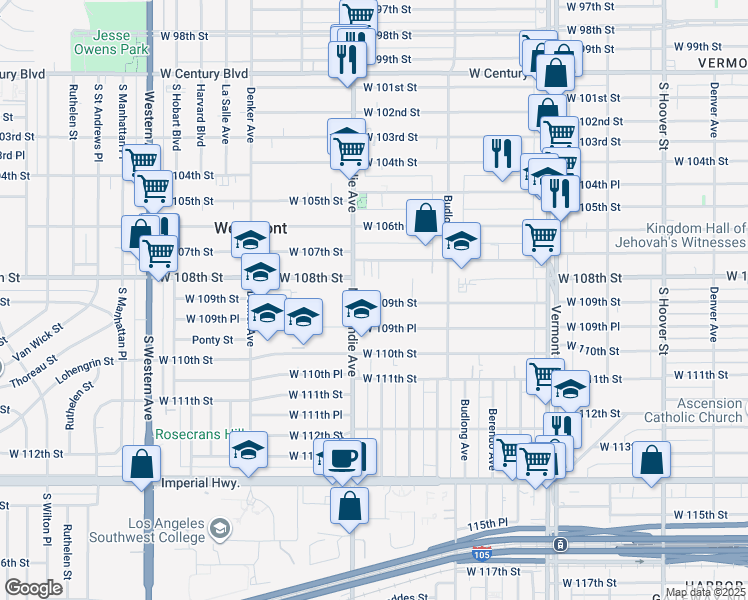map of restaurants, bars, coffee shops, grocery stores, and more near 1329 West 109th Street in Los Angeles