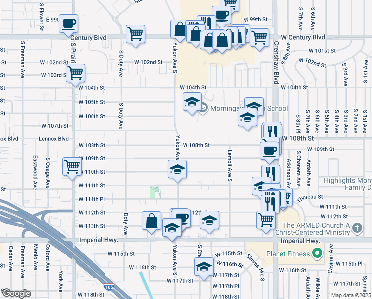 map of restaurants, bars, coffee shops, grocery stores, and more near 3518 West 108th Street in Inglewood